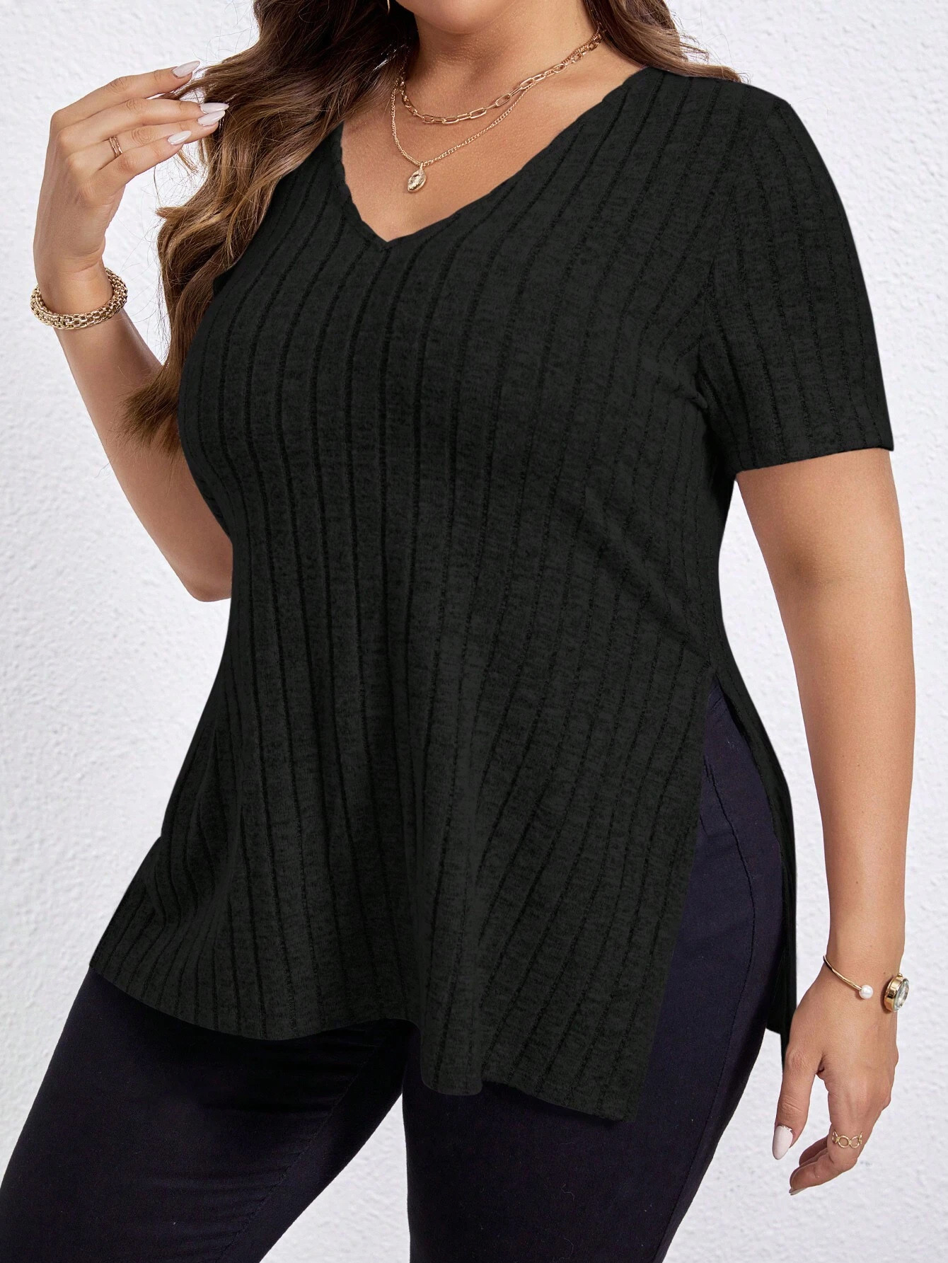 2024 Amazon Cross-Border Spring and Summer New Solid Color plus Size Women's Clothes Top V-neck Sunken Stripe Short Sleeve Split Pullover T-shirt