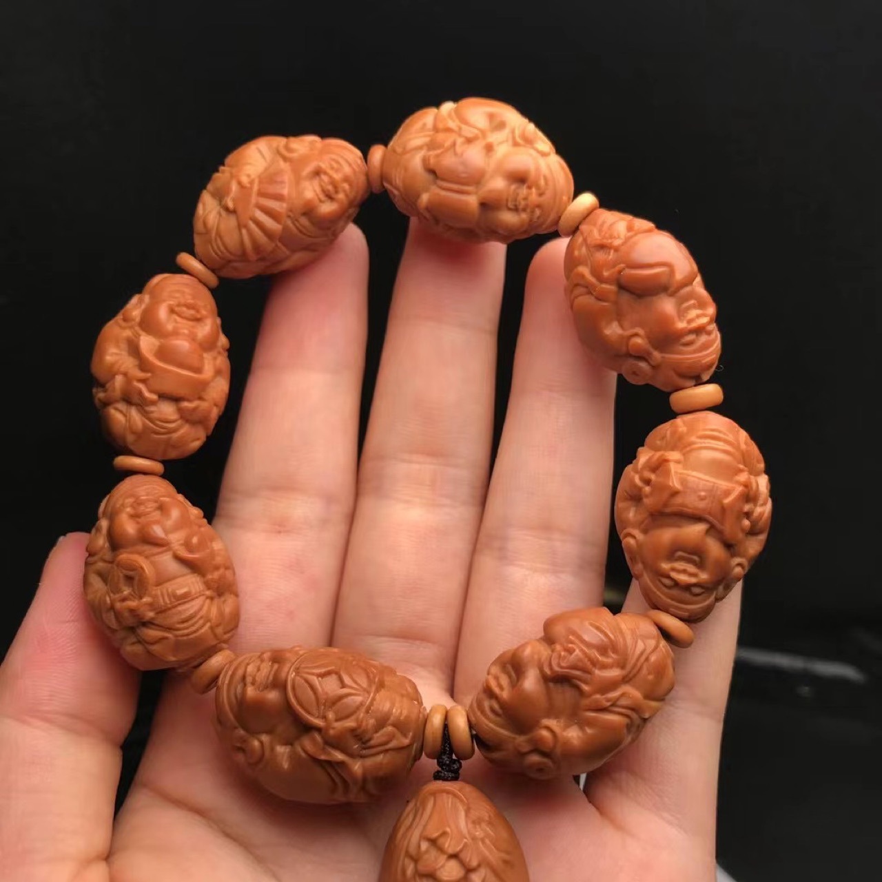 文玩八宝财神橄榄核手串八大财神手串橄榄核雕八方招财手串手链