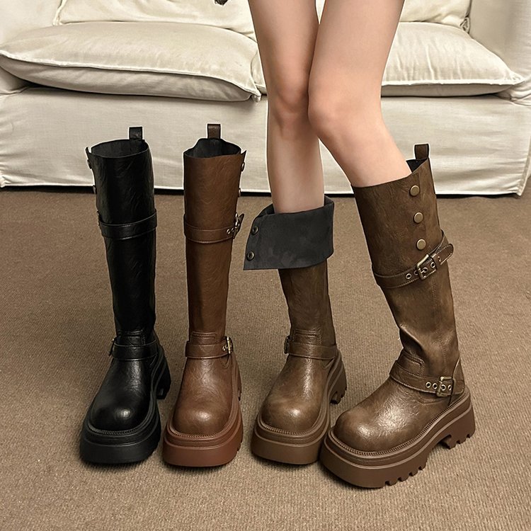 两穿厚底骑士靴女2024秋冬新款棕色不过膝长靴粗跟显瘦翻折马丁靴
