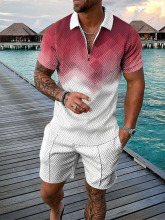 2022春夏季印花夏威夷男休闲套装新款欧美男装POLO衫大码宽松套装