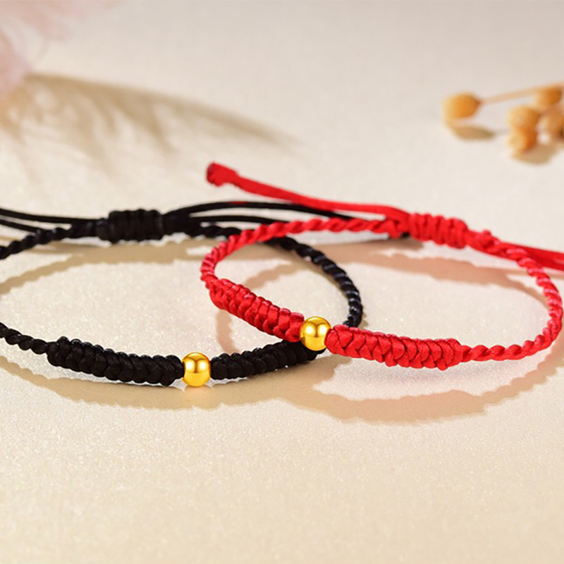 999足金转运珠情侣手链纯黄金男女本命年红绳小金珠编绳水贝批发
