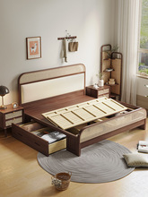 实木床现代简约1.8米藤编床主卧复古床双人主卧2米x2米大床原木色
