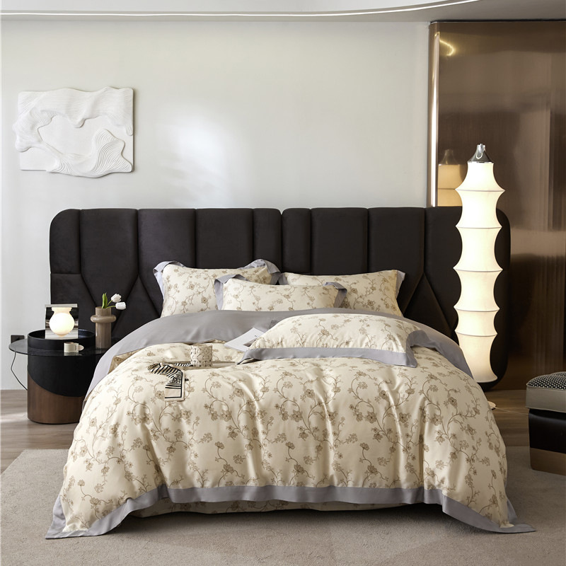 2023新款50支莱赛尔天丝印花宽边四件套  植物花卉床品套件