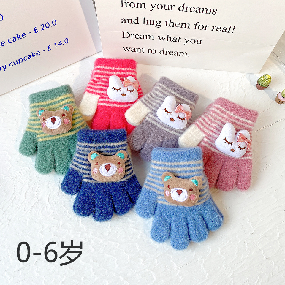 Cartoon Cute Children‘s Gloves Winter Warm Men‘s and Women‘s Baby and Infant Kindergarten Children‘s Cold-Proof Five-Finger Stripes