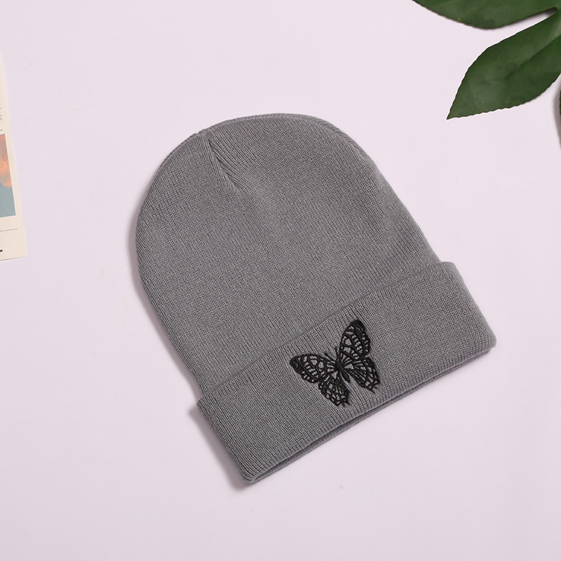 Spring, Autumn and Winter New English Text Knitted Hat Embroidery Warm Fashion Sleeve Cap Solid Color Trend Butterfly Woolen Cap