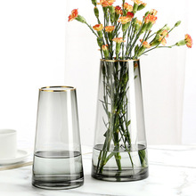 欧式简约金边玻璃花瓶 描金T型摆件客厅家居水培插花透明装饰花瓶