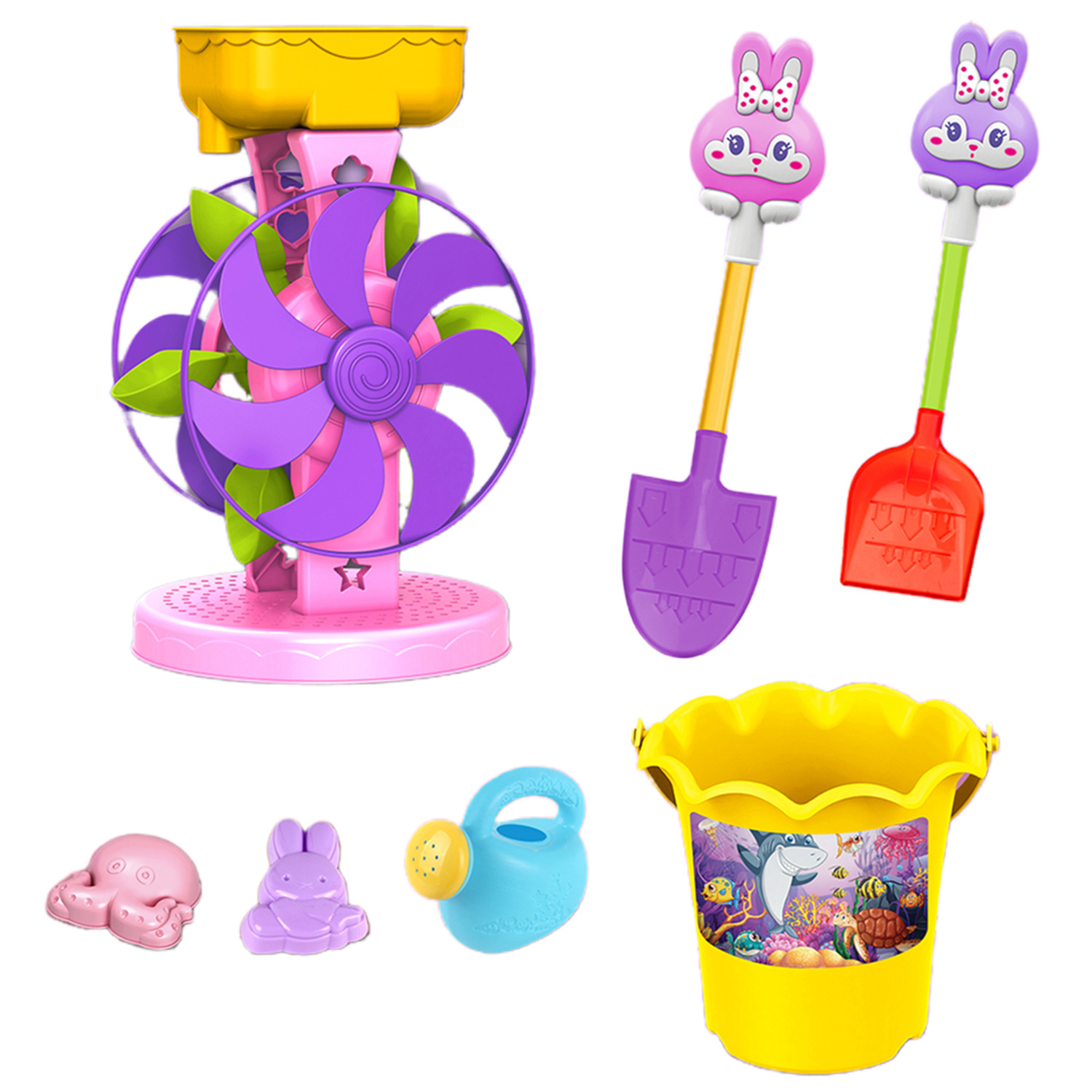 588-17a儿童卡通挖沙铲子沙漏沙滩玩具桶7件套海边戏水玩具批发