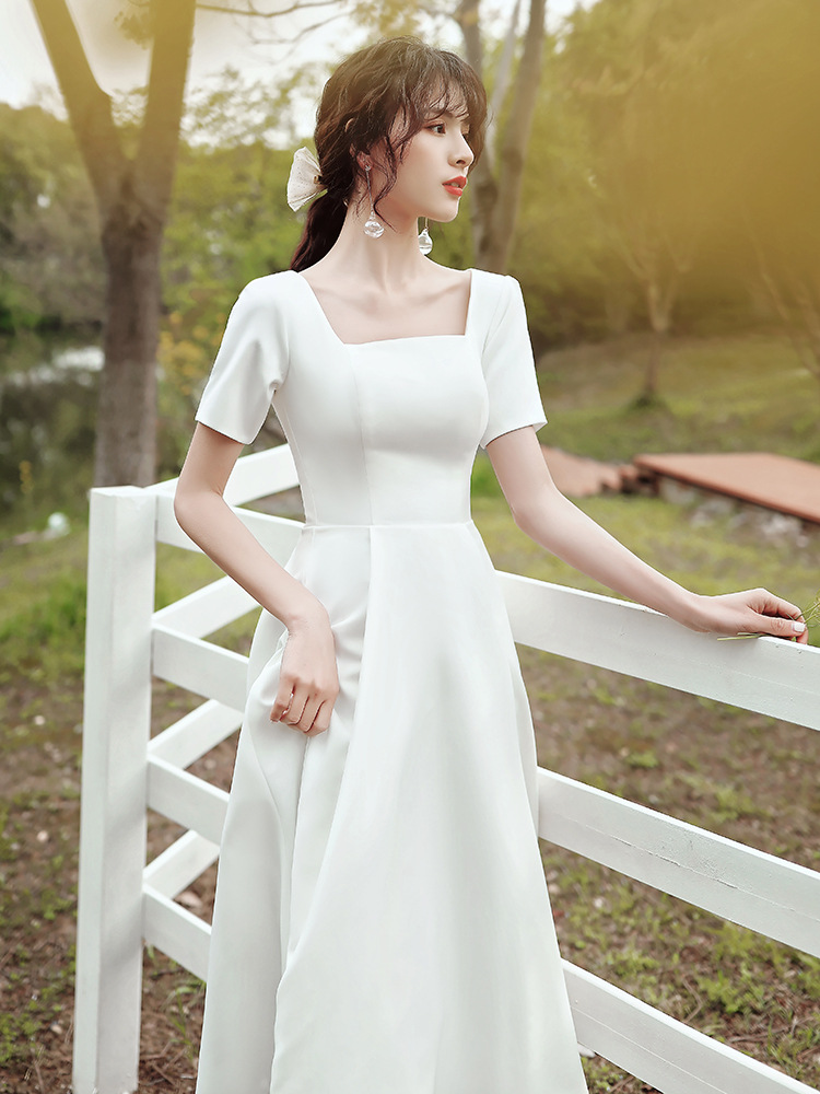 缎面小晚礼服裙女平时可穿气质简约大气领证登记女白色法式轻婚纱