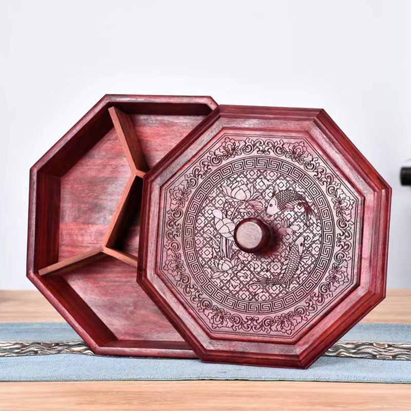 血檀实木果盘小叶紫檀五福八角中式复古结婚糖果盒红木干果盒家用