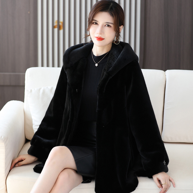 2021新款海宁水貂皮大衣女真貂款整貂块连帽中长款水貂皮草女外套