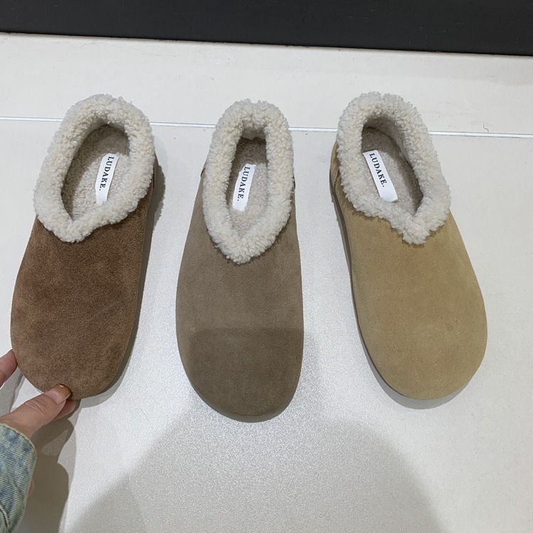 真皮勃肯鞋女2023新款森系复古日系丑萌豆豆鞋女冬加绒平底棉鞋子