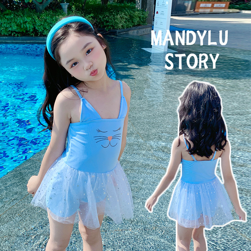 儿童泳衣女童小童连体吊带纯色可爱公主裙式宝宝泳装温泉泳衣批发