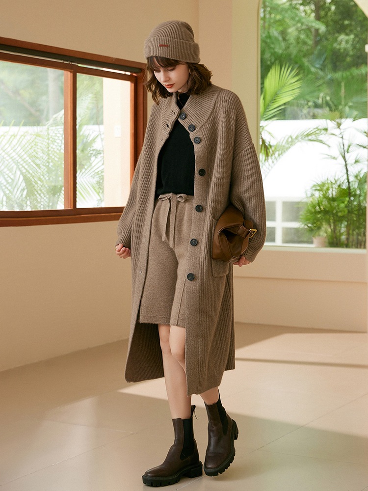 高端正品纯山羊绒开衫女中长款带兜毛衣宽松慵懒风针织衫大衣外套