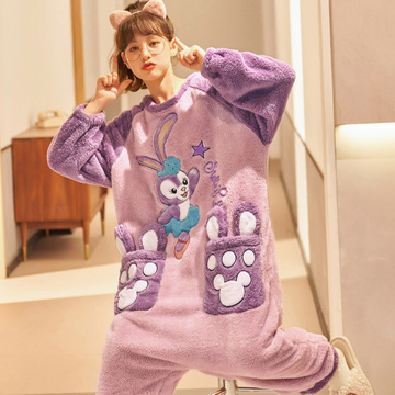 珊瑚绒睡衣女秋冬季可爱加绒加厚浴袍睡袍加长款法兰绒家居服套装