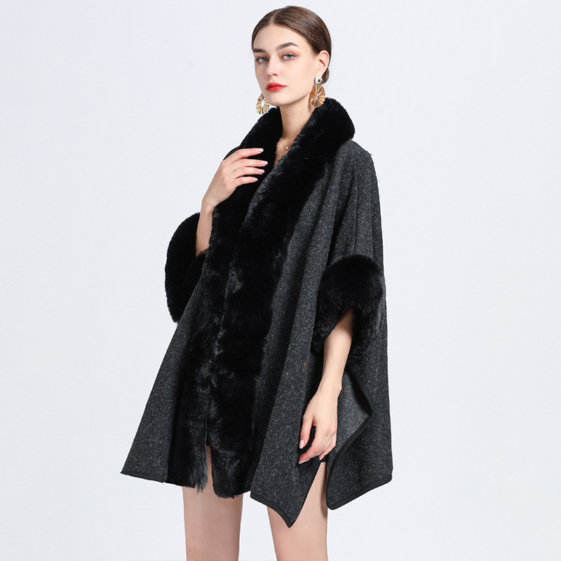 881# European and American Autumn and Winter New Imitation Rex Rabbit Fur Collar Shawl Cape Oversized Knitted Cardigan Woolen Coat for Women