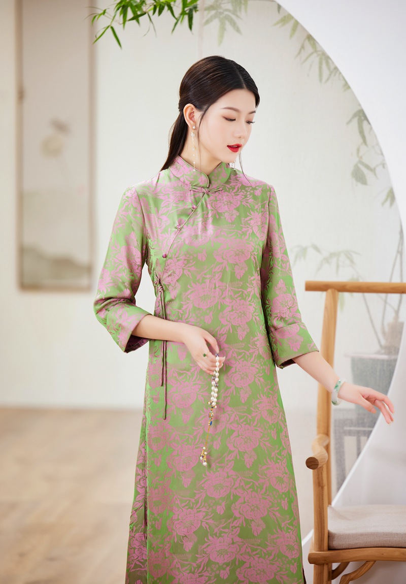 中国风改良斜襟旗袍连衣裙长款盘扣复古中式显瘦茶服女禅意文艺