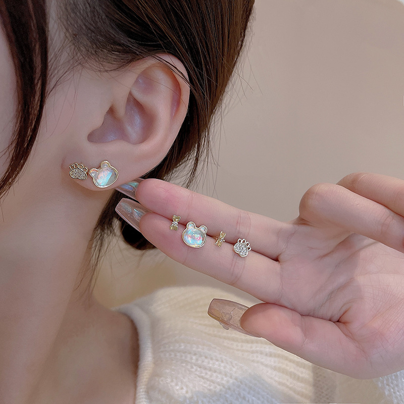 Sterling Silver Needle Minority Simple Ear-Caring Suit Opal Stone Ear Studs Korean All-Matching Graceful Pearl Earrings Eardrops