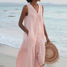 2023夏季外贸纯色棉吊带型气质通勤潮流长裙宽松腰粉色波点连衣裙