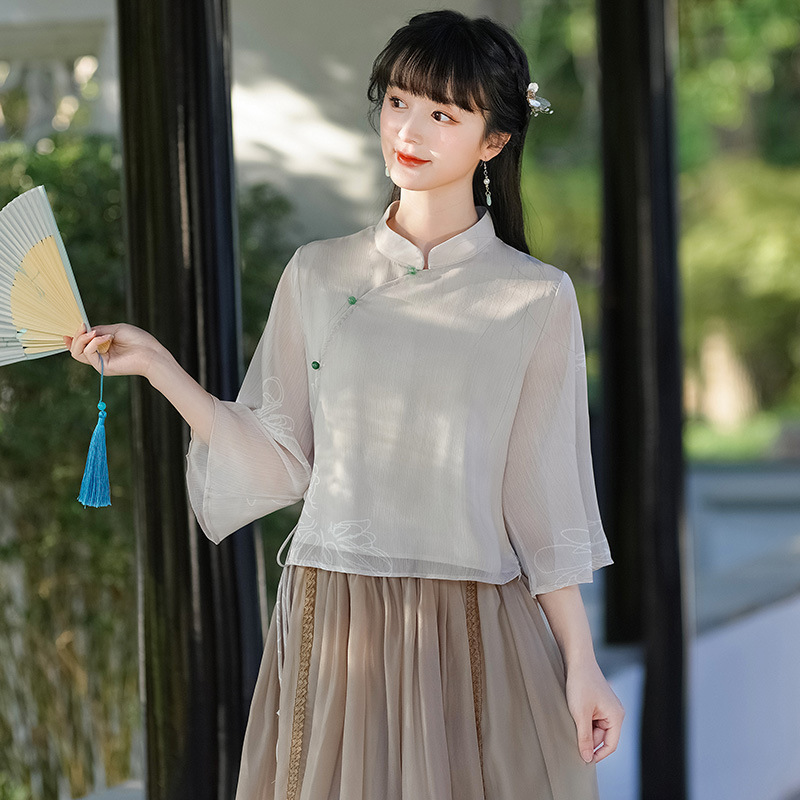 Original New Green Rose New Chinese Style Zen Tea Gown Fairy Girl Cheongsam Two-Piece Skirt Improved