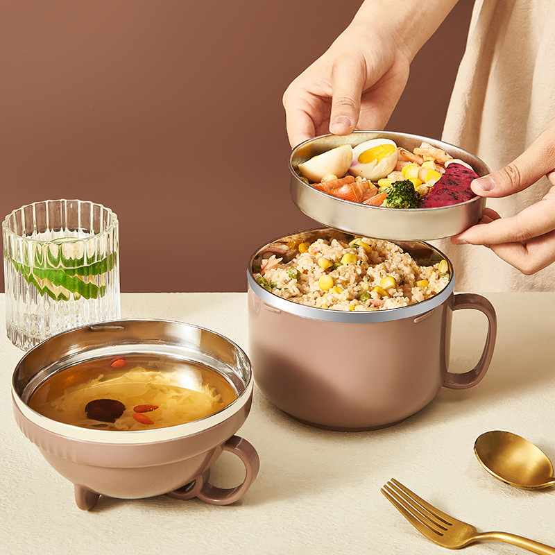 New Stainless Steel Lunch Box Student Office Double-Layer Portable Salad Bowl Good-looking Large Capacity with Lid Instant Noodle Bowl