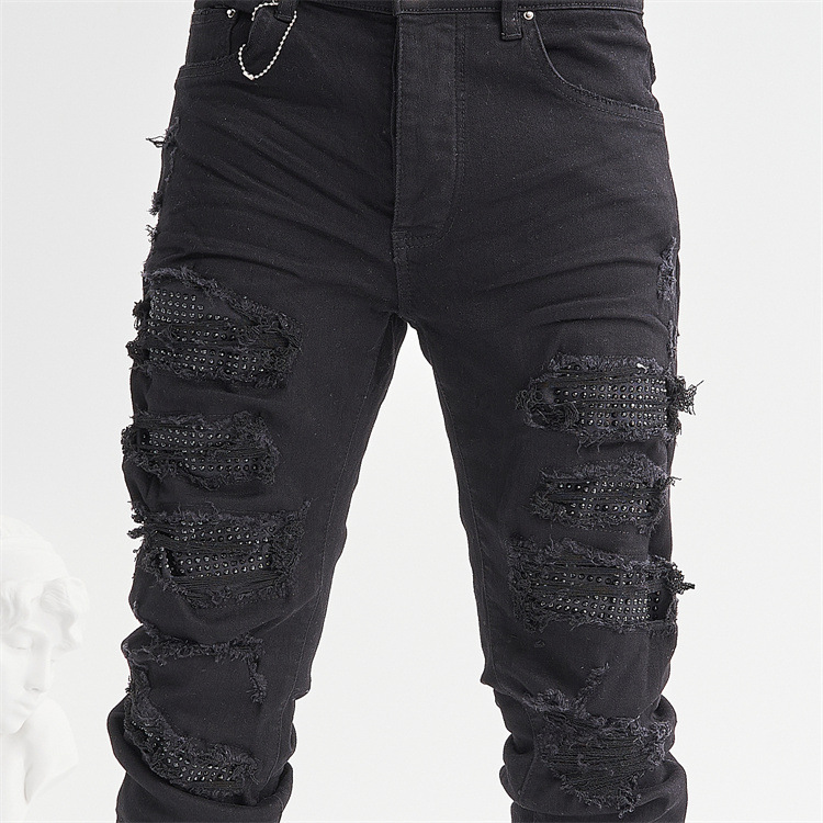 amiri黑色镶钻破洞牛仔裤男 超火情侣款长裤子弹力修身小脚裤男
