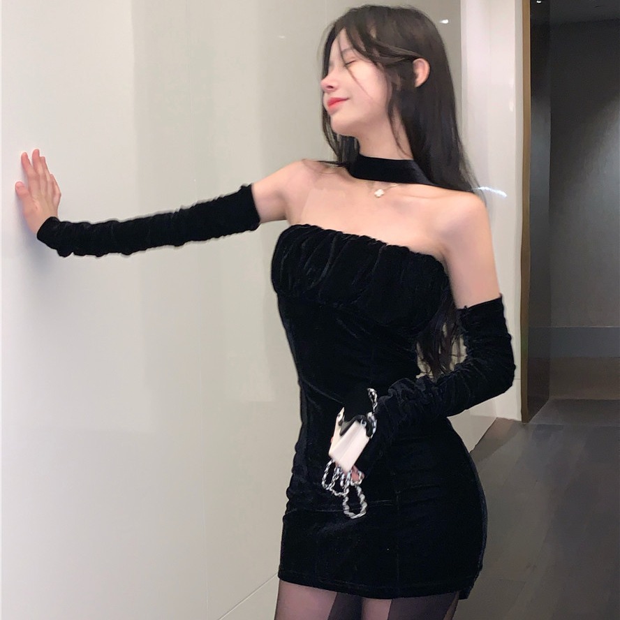 辣妹性感夜店秋冬新款法式复古丝绒抹胸褶皱圣诞节红色礼服连衣裙