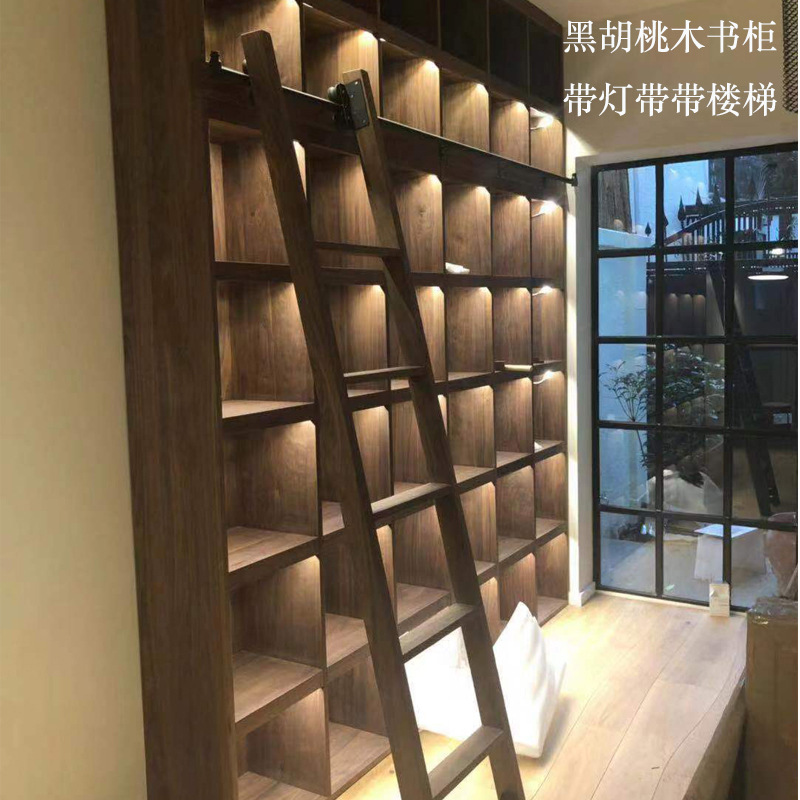 整墙满墙拾珣实木书架落地书柜储物架靠墙格子架带梯子-阿里巴巴
