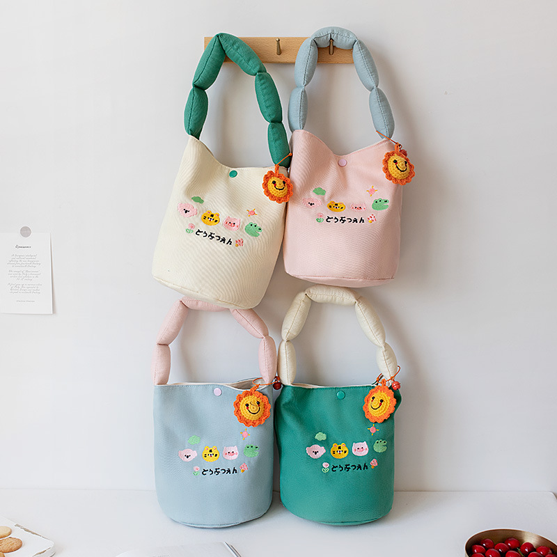 Summer Canvas Bag Underarm Bag Female Niche Student Cute Embroidered Flower Bucket Bag Cloth Bag Small Bag Wholesale