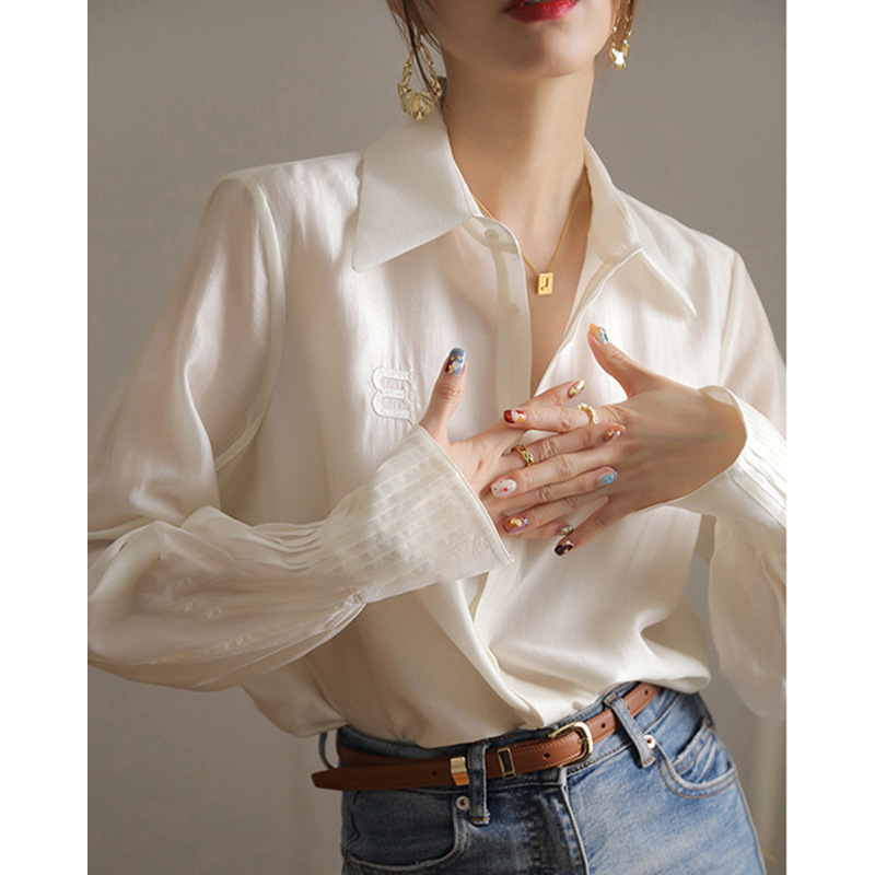 french high-grade white shirt women‘s 24 spring design sense niche chic chiffon shirt tencel top