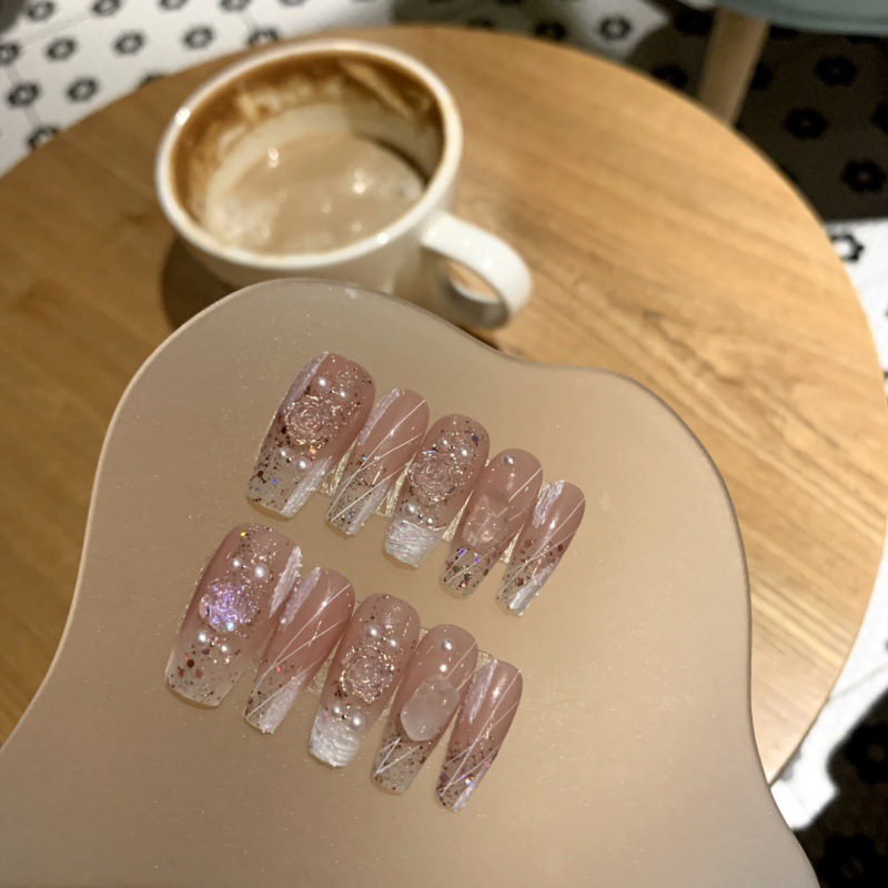 Handmade Wear Armor Flash Ice Transparent Camellia Finished Nail Beauty High-Profile Figure Nail Stickers Fake Nails Pregnant Women Available