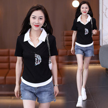 时尚洋气假两件t恤女夏季新款新中式国风刺绣体恤衫polo衫上衣潮