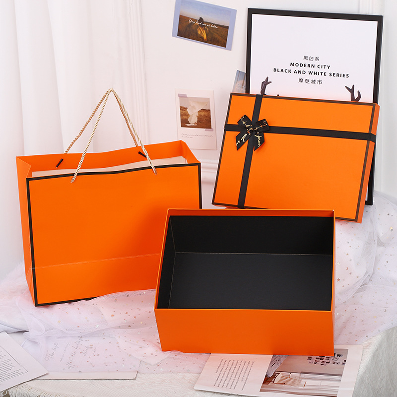 时尚新款丝带礼盒方形橘色手提袋伴手礼盒送女朋友生日礼品包装盒