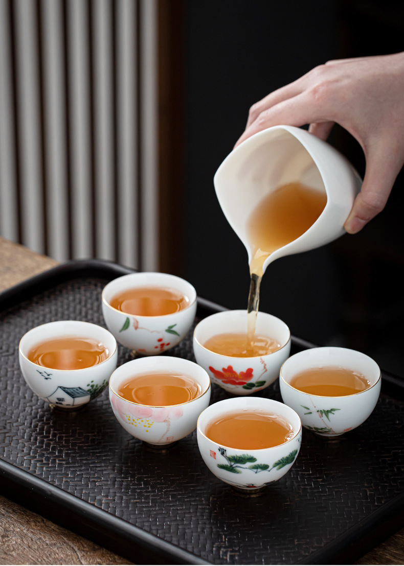 功夫茶杯套装手绘青花瓷茶具品茗杯小号6只装白瓷喝茶碗茶盏杯子