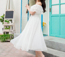 超仙一字肩白色雪纺连衣裙女夏季长款2023年流行新款显瘦裙子夏天