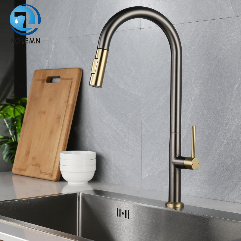 Sus304 Stainless Steel Kitchen Vegetable Basin Gun Gray Faucet Cold and Hot Water Pull-out Universal Sink Sink