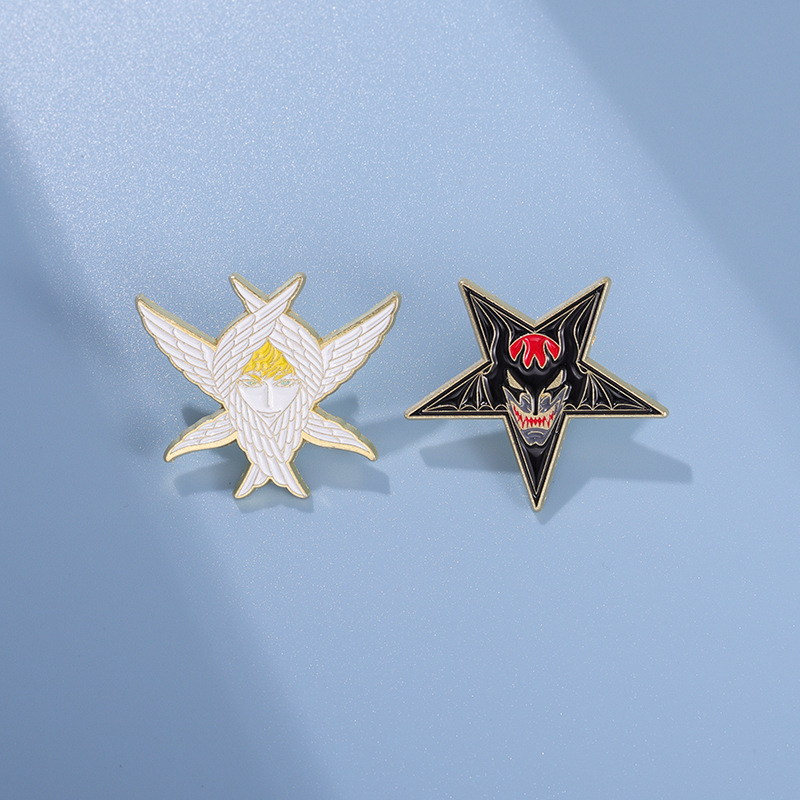 Angels & Demons Creative Couple Brooch Golden M Badge Exaggerated Weird Five-Pointed Star Wings Golden M Badge Name Tag