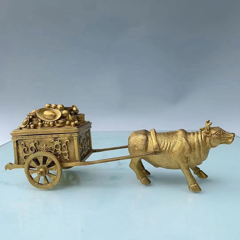 纯铜牛拉车招财旺金进财之宝铜牛拉元宝旺市牛摆件牛拉金车