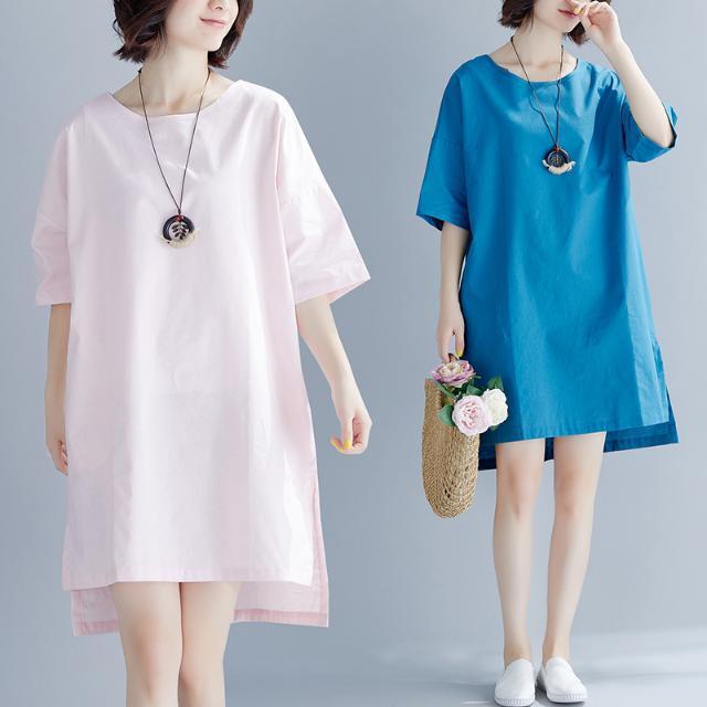 大码女装胖mm 夏季韩版文艺棉麻连衣裙宽松中长款短袖纯色t恤裙子