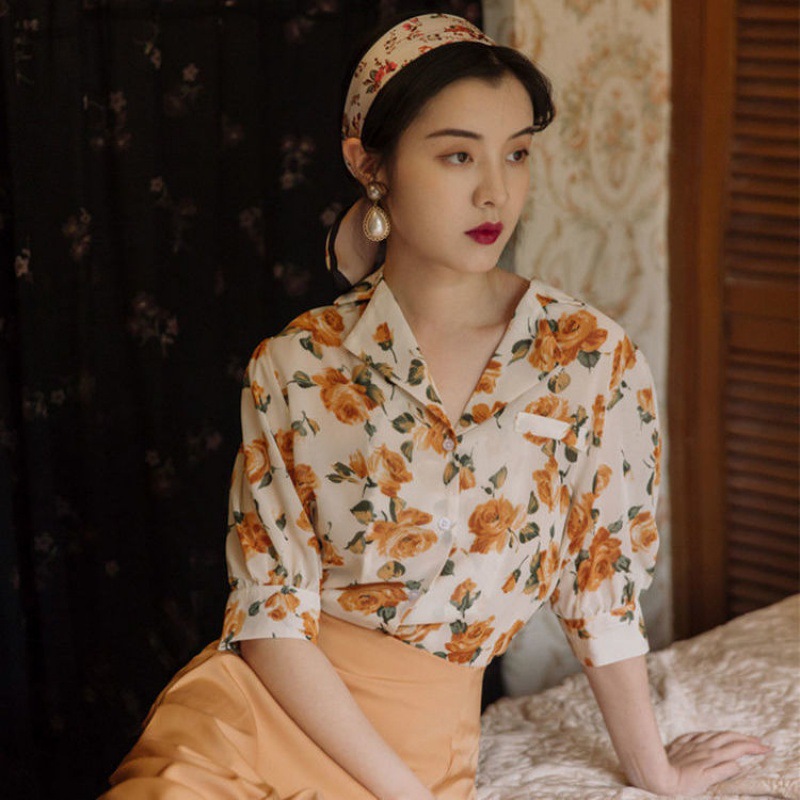 衬衫女80年代女装港风雪纺防晒衫大花连衣裙套装碎花复古上衣女