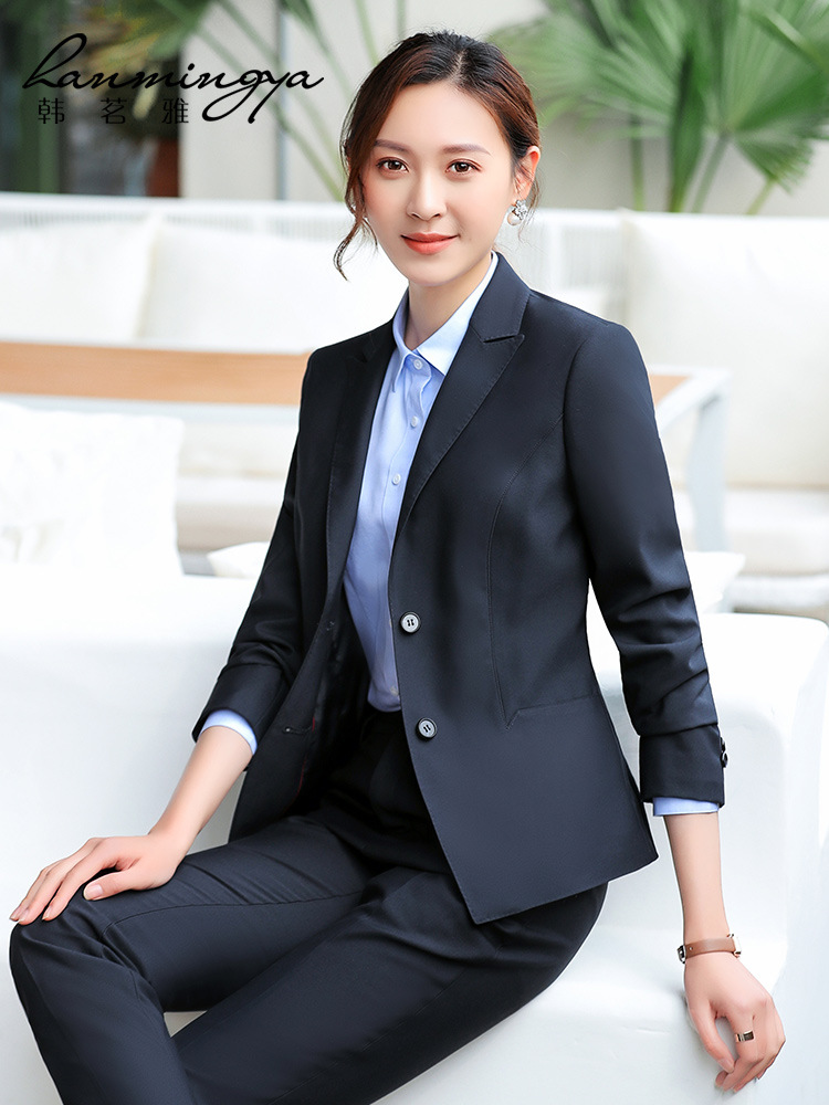 韩茗雅藏青色职业西服套装女士春季韩版干练售楼部工装工作服正装