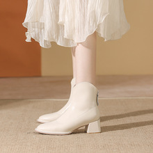 骄屿白色短靴女马丁靴2023年新款秋冬小踝靴方头粗跟高跟靴瘦瘦靴