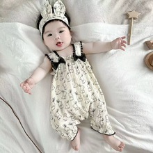 新款夏季婴儿衣服超萌婴儿吊带连体衣女宝宝双层棉纱薄款洋气爬服