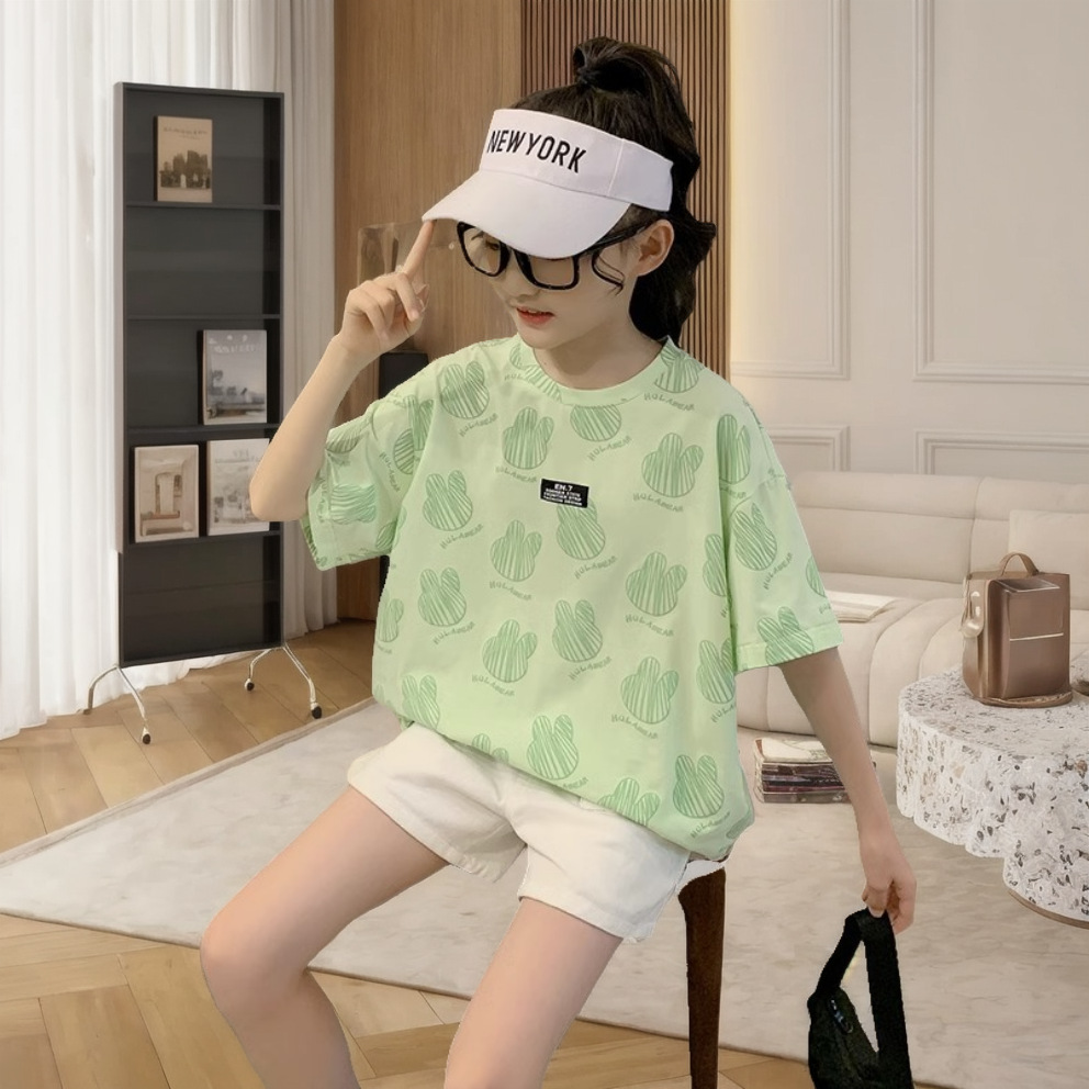 女童短袖T恤夏装2024新款韩版儿童大童薄款时髦洋气上衣童装潮牌