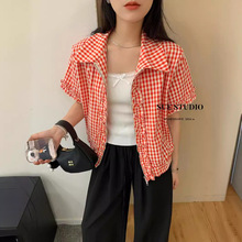 SUESTUDIO全棉薄款格子衬衫女夏季新款韩系法式拉链短袖上衣36059