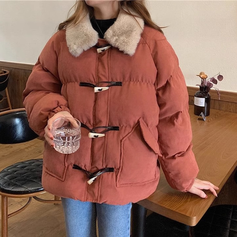 羽绒棉服牛角扣毛领日系可爱棉衣外套女冬季宽松百搭学生加厚棉袄