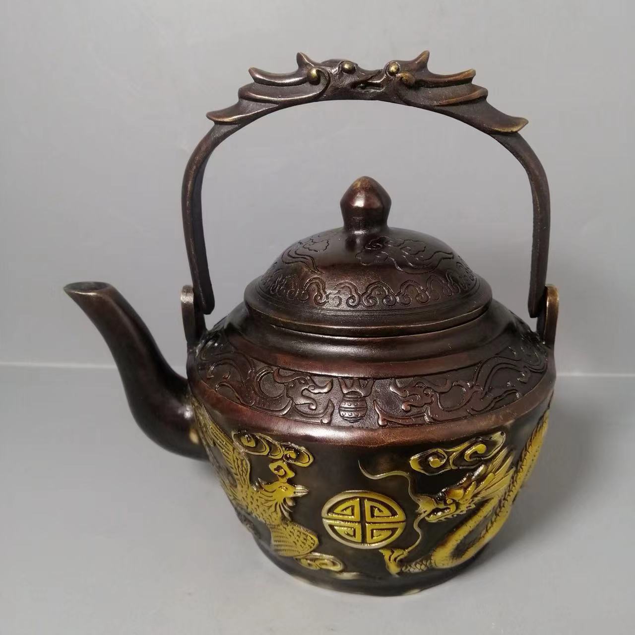 古董古玩批发仿古纯铜 乾隆年制 龙凤提壶铜壶酒壶提梁壶家居实