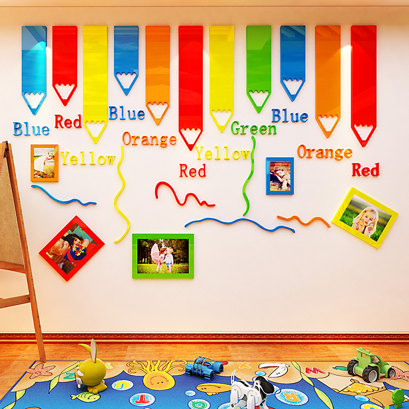 蜡笔幼儿园墙面装饰3d立体墙贴画照片主题墙贴纸创意美术教室布置