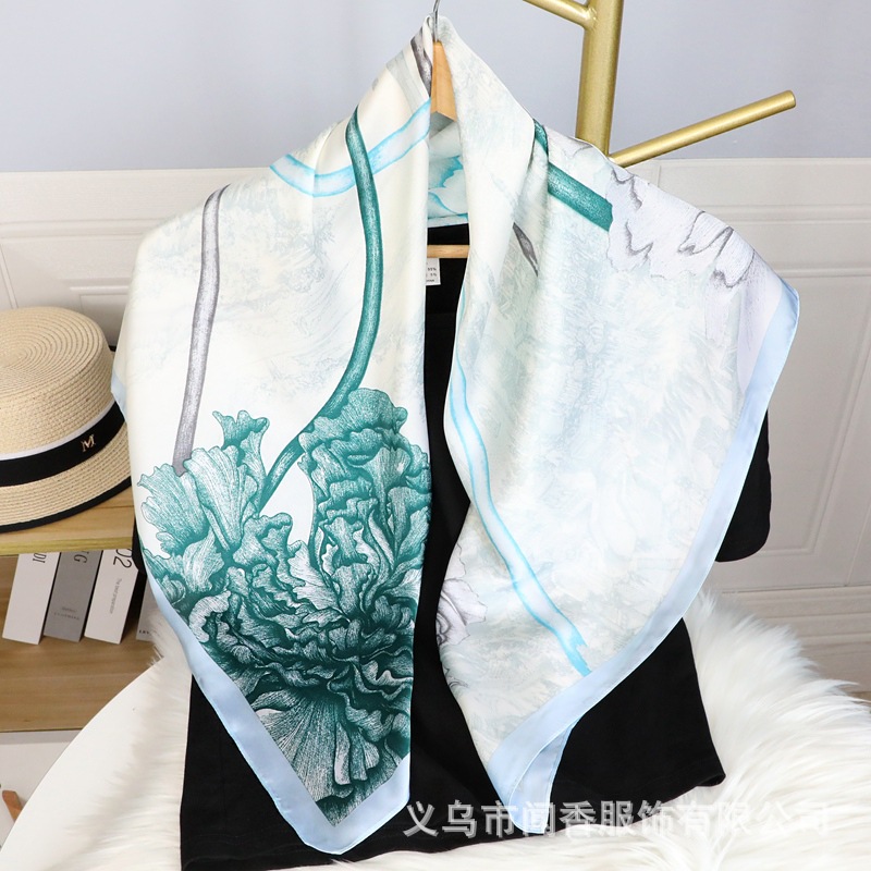 2022 New Li Jin Satin 90 Square Scarf Thin Autumn and Winter Sunscreen Shawl Scarf Women's All-Match Fashion Sunshade Scarf
