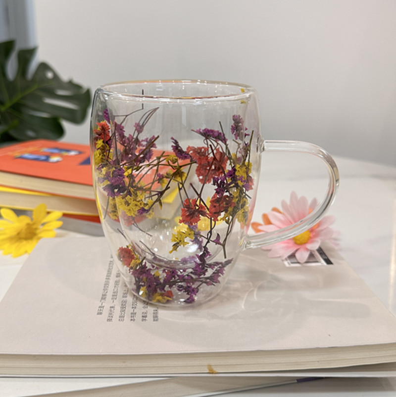 Double-Layer Real Flower Cup with Hand Gift Niche Advanced Glass Good-looking Practical Small Gift Girls Birthday Gifts