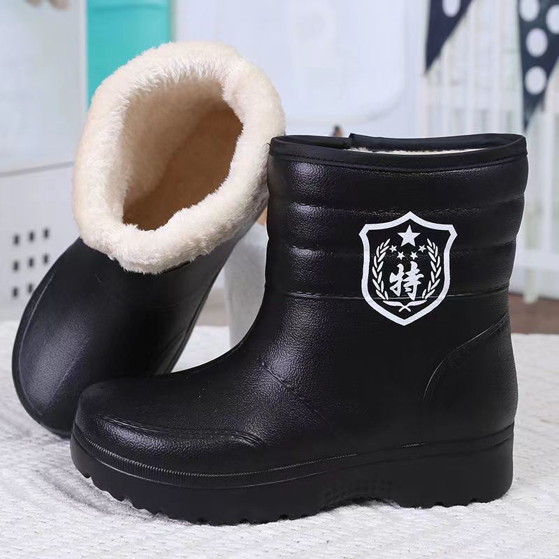 Fleece-lined Men's Snow Boots Cotton-Padded Rain Boots Laundry Kitchen Sanitary Work Shoes High-Top Eva Warmth Retention Material Rain Boots